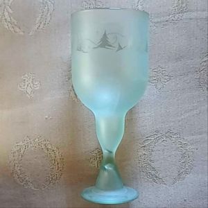 Vintage Green Frosted Footed Glass Goblet With Etched  Christmas Tree